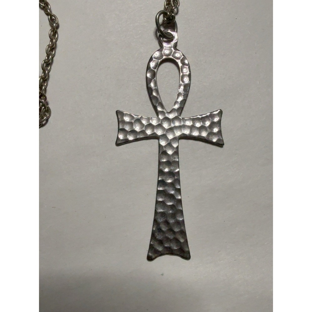 T20255-Vintage Ankh Egyptian Key of Life Pendant Necklace Hammered Silver Tone